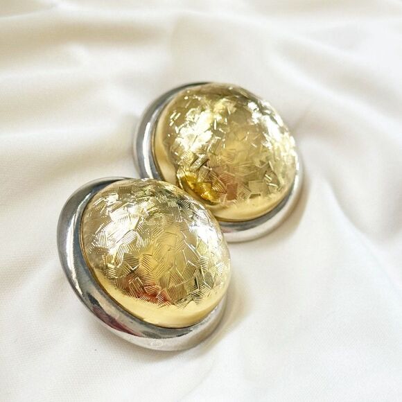 Large Two Tone Gold and Silver Dome Earrings Basketweave Design - Picture 3 of 5